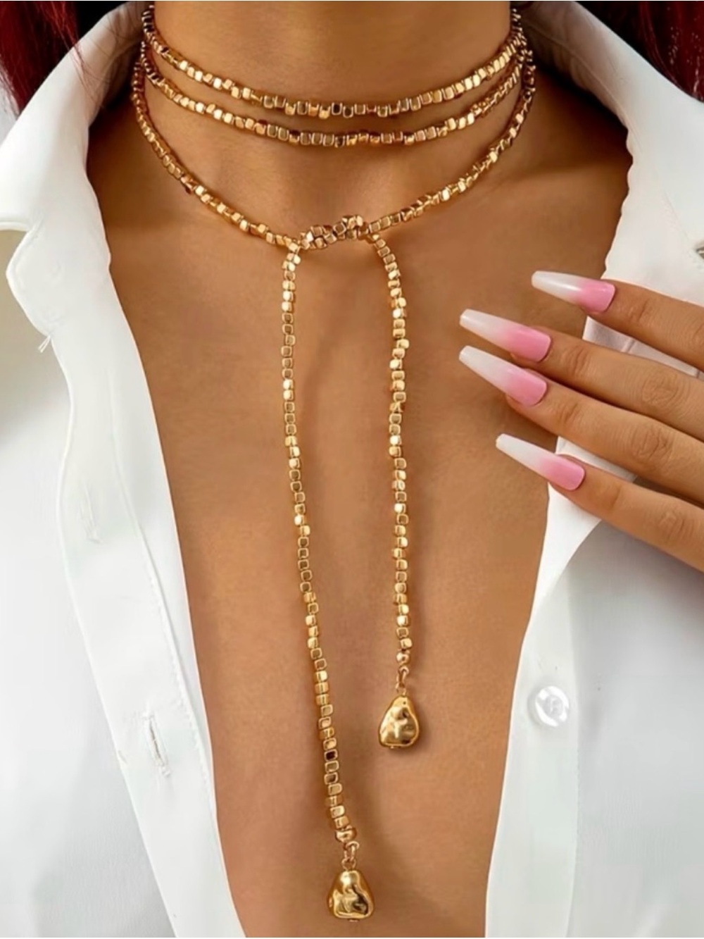 Layered Gold or Silver  Beaded Lariat Necklace - Chic Women's Jewelry